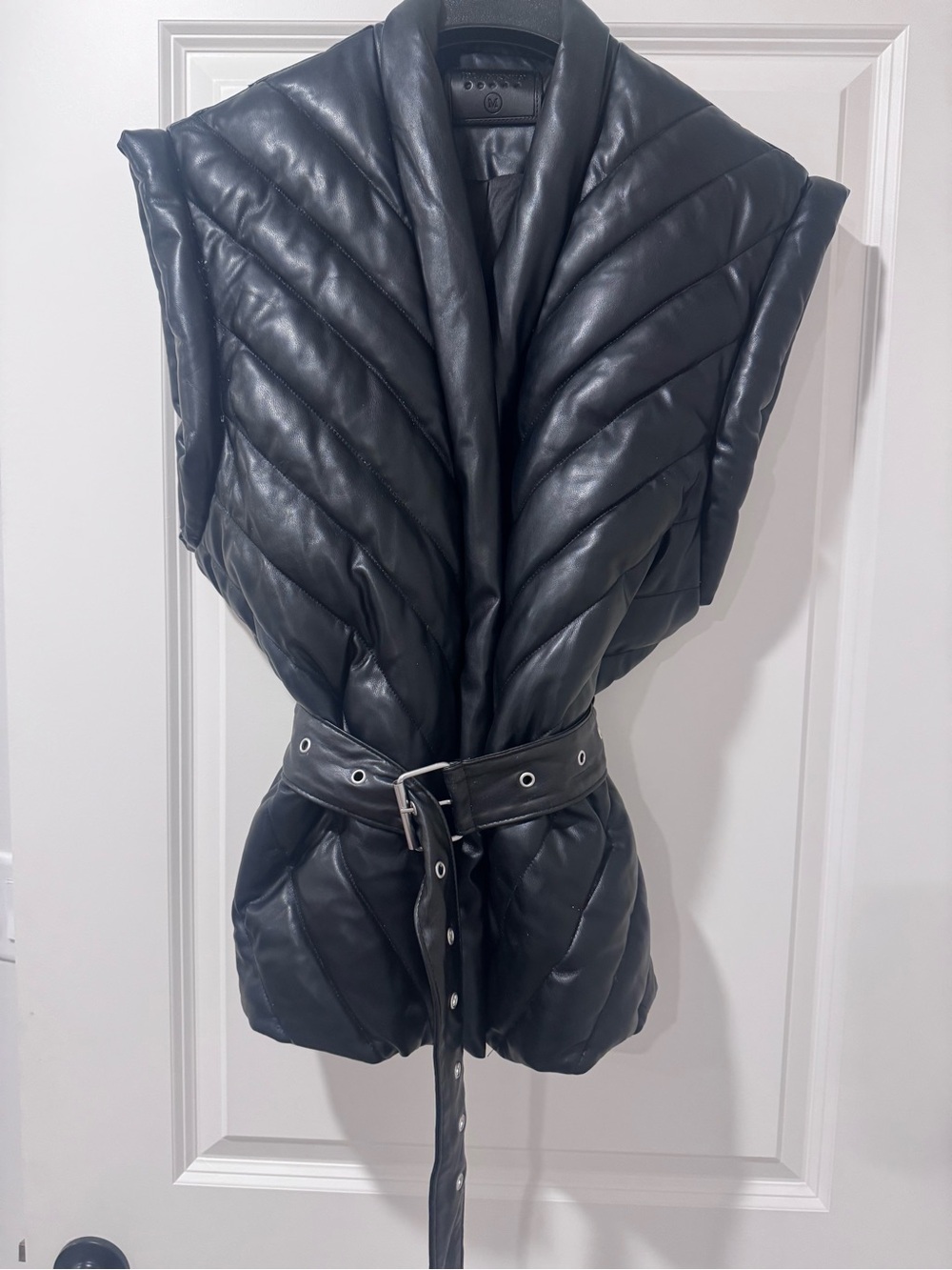 Blank NYC Black Quilted Faux Leather Belted Puffer Vest